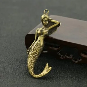 Solid Brass Mermaid Keychain Figure Fish Girl Pendant Miniature Tea Pet Ornament EDC Tools & Brass Collectibles