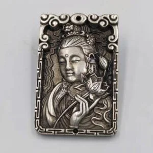 Collectible Old Miao Silver Carving Guanyin Bodhisattva Kwan-Yin Buddha Pendant EDC Tools & Brass Collectibles