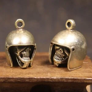 Pure Brass Skull Head Helmet Bell Key Chain Pendant Car Hanging Tea Pet Ornament EDC Tools & Brass Collectibles